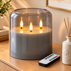 3 Wick Flameless Candle with Remote – Gray Glass LED