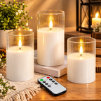 Glass Flameless Pillar Candles with Remote – Set of 3