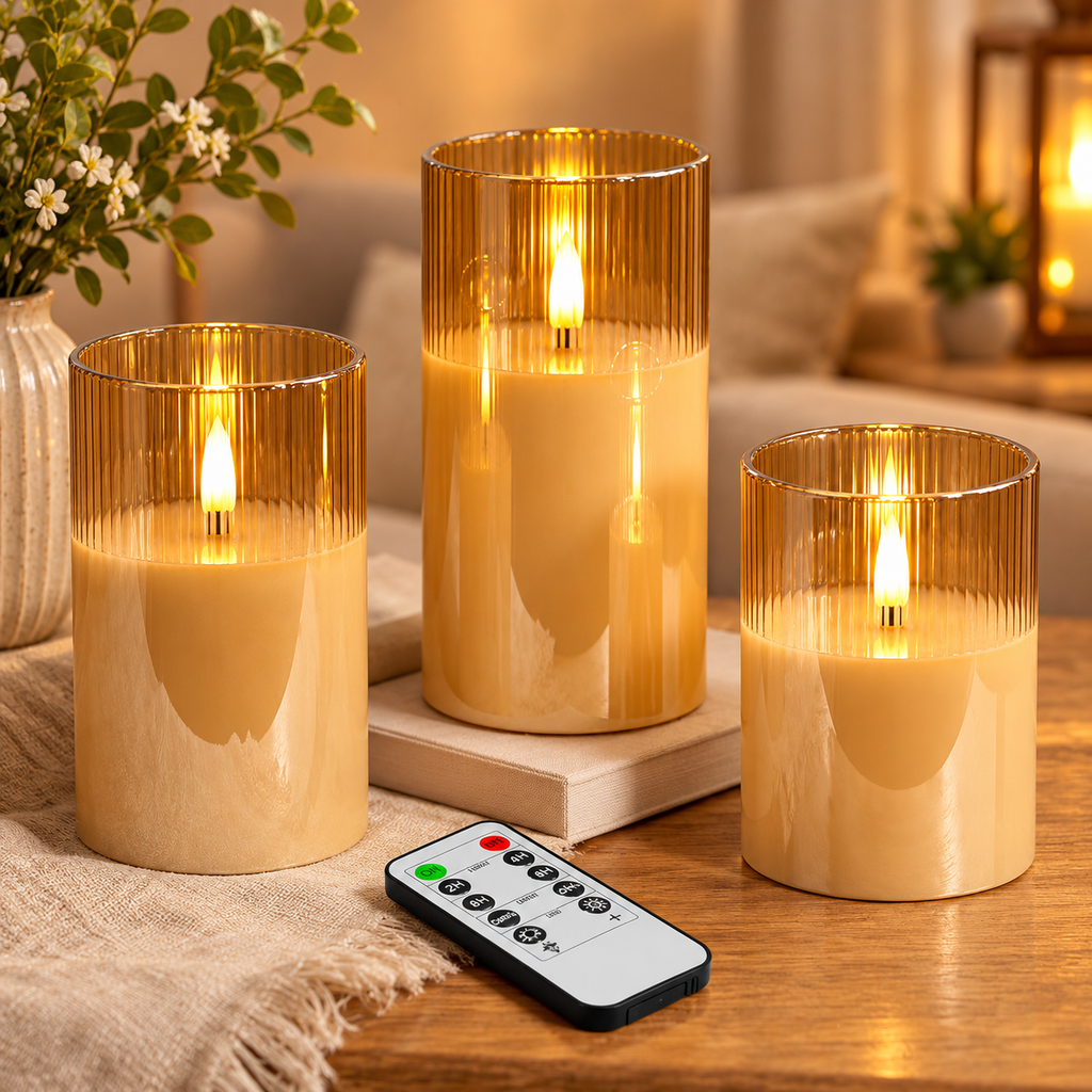 Glass Flameless Pillar Candles with Remote – Set of 3