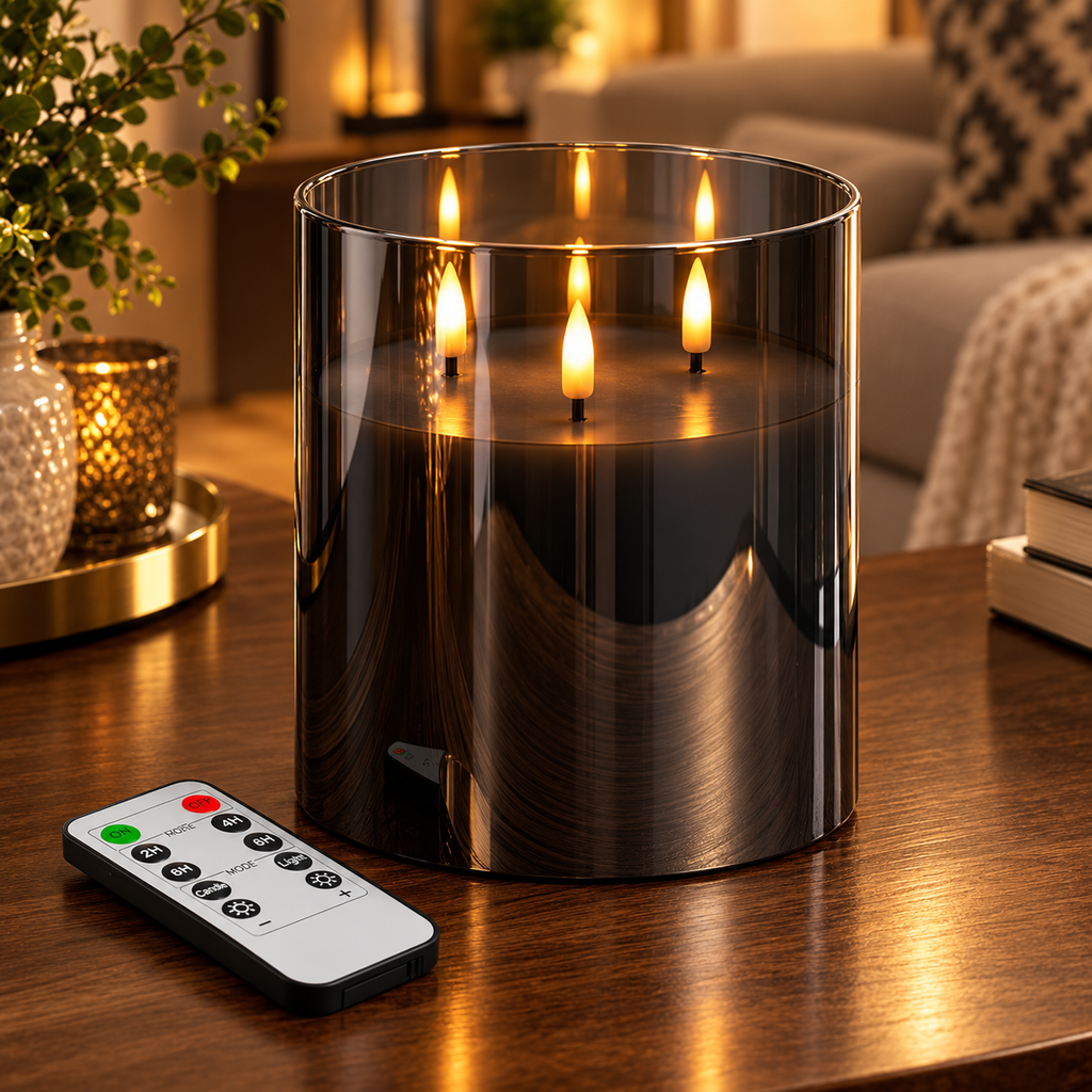 3 Wick Gold Glass Flameless Pillar Candle with Remote