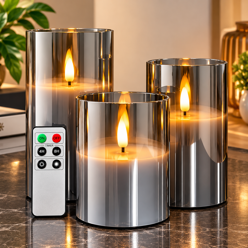 Flameless Pillar Candles with Remote – Set of 3