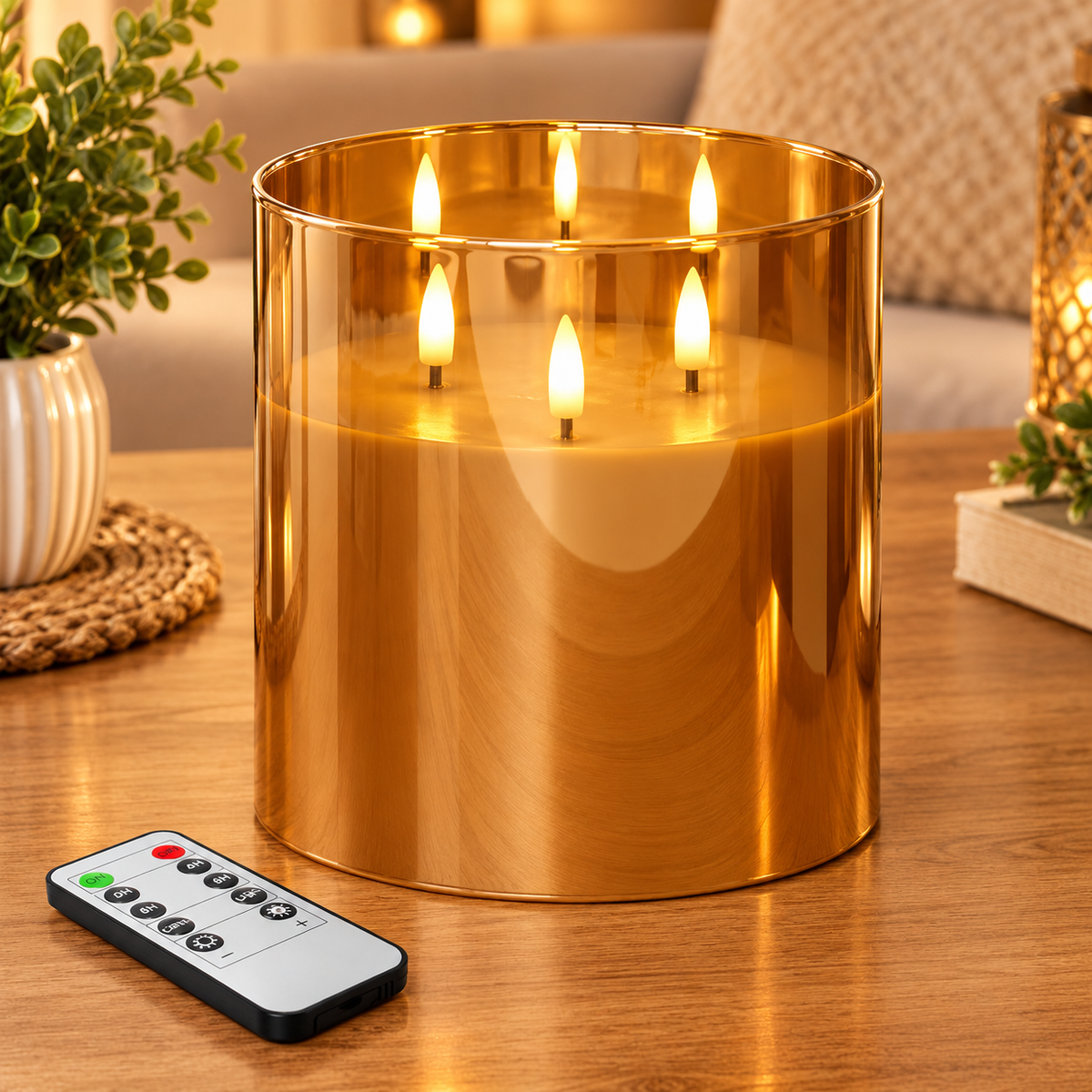 3 Wick Gold Glass Flameless Pillar Candle with Remote