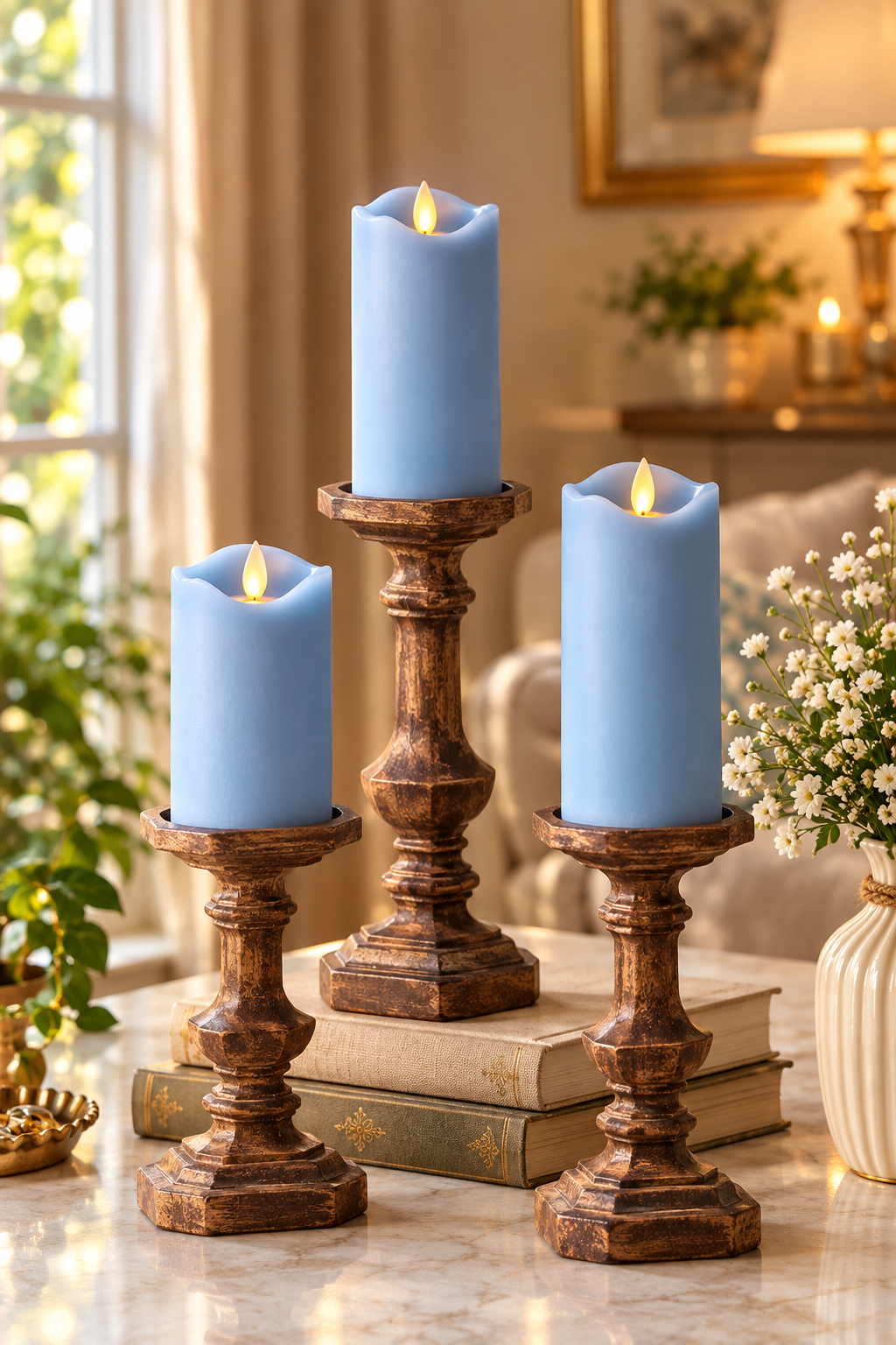 Flameless LED Moving Flame Pillar Candles – Set of 3