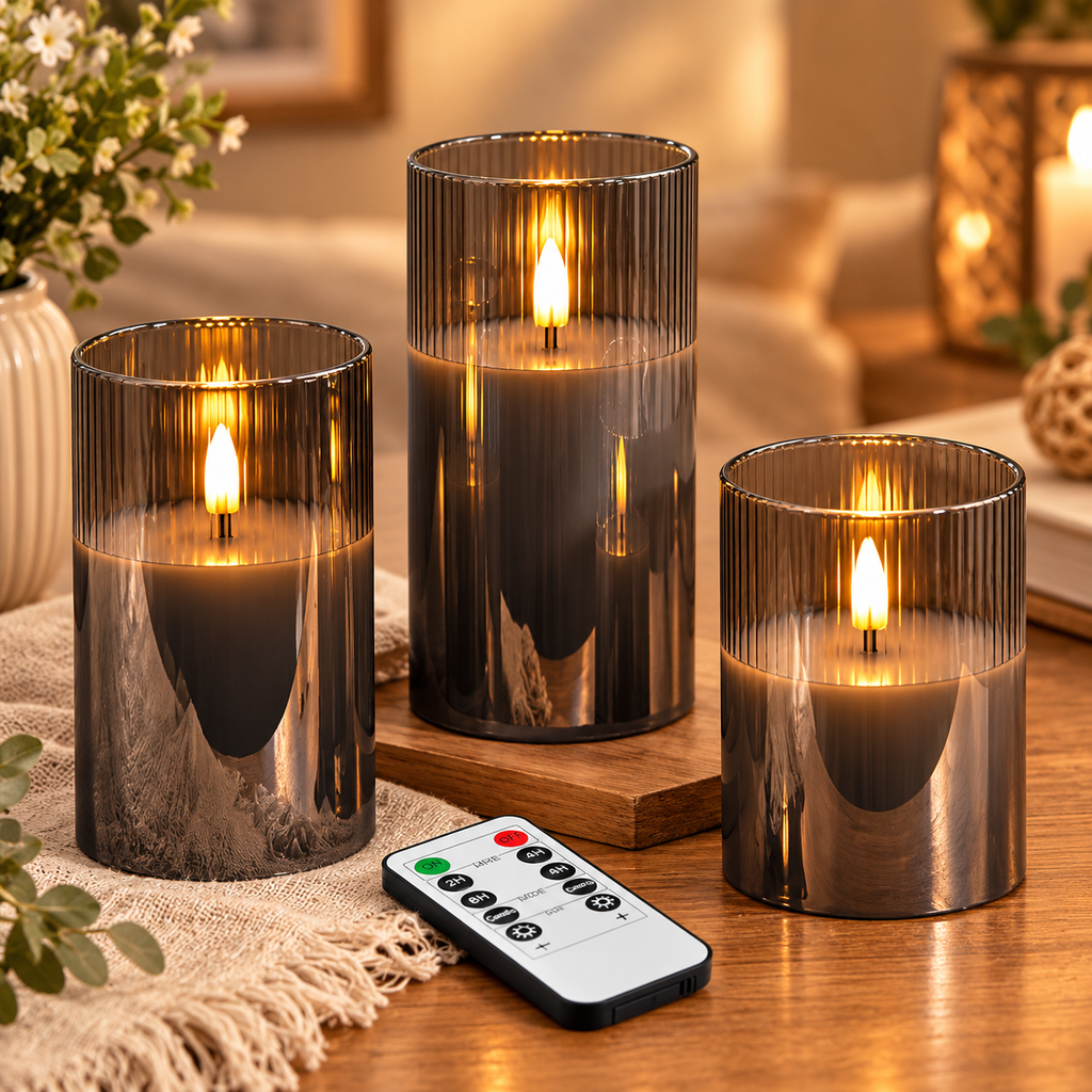 Glass Flameless Pillar Candles with Remote – Set of 3