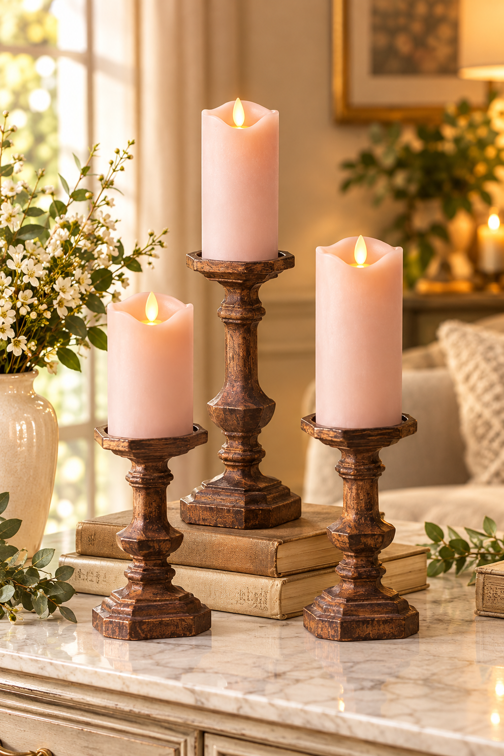 Flameless LED Moving Flame Pillar Candles – Set of 3